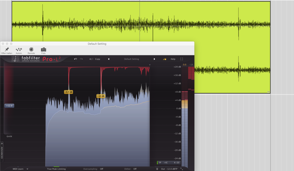 3 Headroom gewinnen: Diesen Bereich dämmen wir per Brickwall Limiting ein. Stellen Sie Gain auf +12 dB und Output auf -12 dB. Wird der Effekt eingerechnet, verschwinden die Pegelspitzen und die Aufnahme hat 12 dB Headroom gewonnen. Wenden Sie diese Technik aber nur zum Reparieren an. Sofern Sie auf die Originalspuren zugreifen können, dämmen Sie die Pegelspitzen besser gezielt ein und exportieren den Song neu.