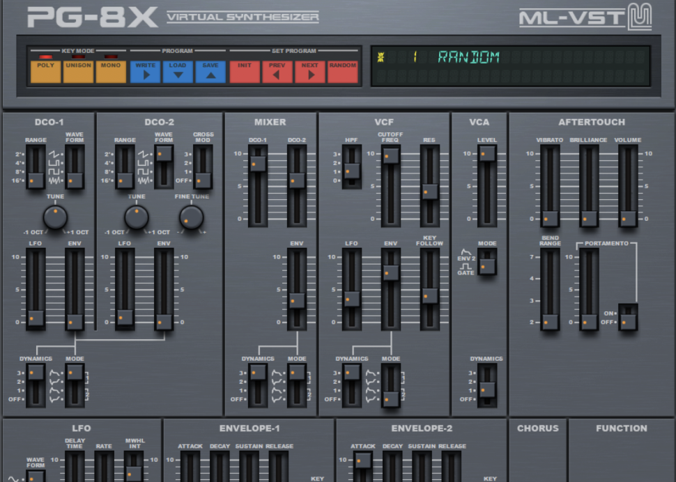 1 Synth-Grundlage: Für unseren Workshop verwenden wir die PG-8XFreeware als Basis. Wir lieben dessen Random-Funktion, die interessante, aber manchmal etwas schwachbrüstige Effekte und Soundscapes „erfindet“. Wie auch bei anderen zu dünn geratenen Synthsund Sounds hilft hier die Reverse-Distortion. Also legen wir los mit einem Klick auf den RANDOM-Button des PG-8X.