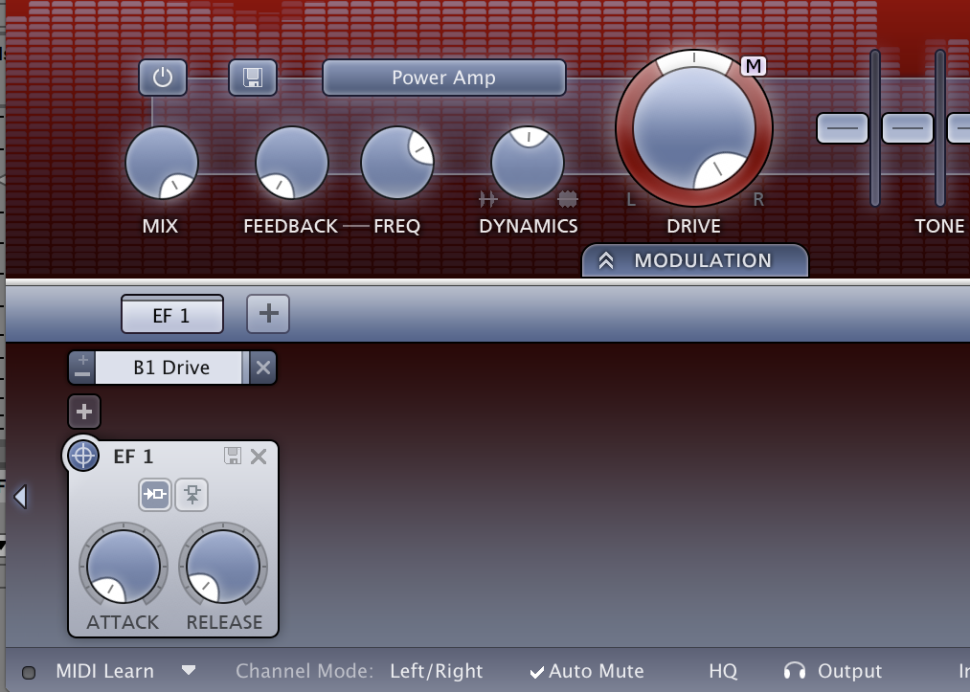 4 Envelope Follower: Klicken Sie auf das Plus-Symbol, laden einen New Envelope Follower und verbinden diesen mit dem DRIVE-Parameter. ATTACK und RELEASE fahren wir komplett herunter und stellen die Modulation B1 Drive von + auf - (Minus), denn der Distortion-Effekt soll nur aktiv werden, wenn der Synth gerade keinen Sound wiedergibt. Jetzt gilt es, die Intensität auszuloten.