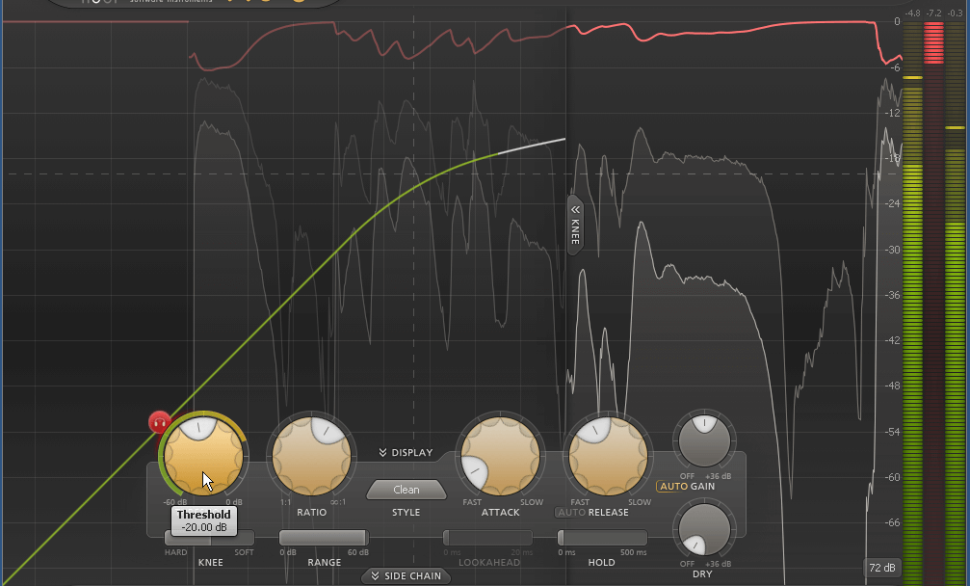 3 Schwellenwert: Passen Sie Threshold entsprechend ein, bis die Pegelreduktion maximal 6 dB beträgt. Dies können Sie an den roten LEDs des Pegelmeters ablesen. Wir stellen Threshold auf -20 dB. Jetzt gilt es, die Zeitkonstanten anzupassen. Der Attack-Wert sollte nicht zu kurz gewählt werden, damit das Ergebnis nicht unnatürlich klingt. Bei Vocals empfiehlt es sich, mit Werten zwischen 10 und 50 ms zu starten.