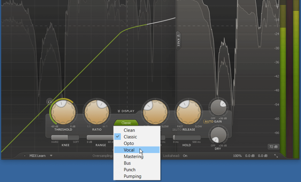 6 Experimente: Probieren Sie anschließend einmal aus, wie sich unterschiedliche Knee-Werte des Kompressors auf das Signal auswirken. Bei hohen Werten (Soft Knee) klingt die Dynamikbearbeitung unauffälliger. Das Regelverhalten von Pro-C 2 lässt sich übrigens auch durch die gewählte Style-Charakteristik beeinflussen. Es lohnt sich, auch hier verschiedene Einstellungen auszuprobieren.