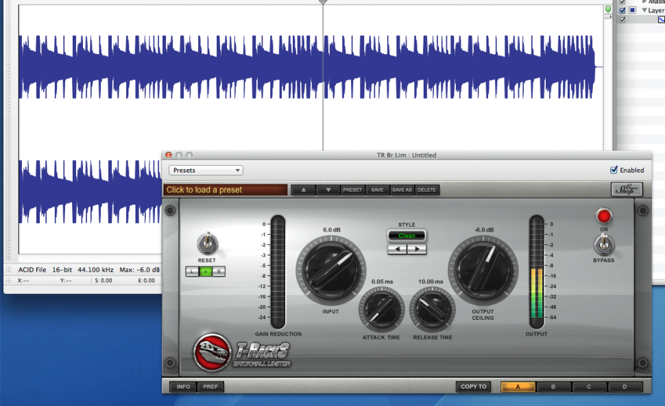 3 Ceiling: Da der Loop laut ausgesteuert ist, greift der Ceiling-Parameter hier perfekt, wenn wir ihn auf -6 dB stellen. Wäre der Loop aber leiser als -6 dB, hätte der Parameter keinen Effekt. Normalisieren Sie die Datei also im ersten Schritt, um für die nötige Lautstärke zu sorgen. Beim T-RackS Limiter müssen Input und Output passend zueinander eingestellt werden: Also Input auf +6 dB, Output auf -6 dB.