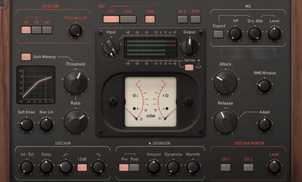 3 Überkompression: Nun geht’s ans Eingemachte! Justieren Sie die Regler Threshold, Ratio, Attack und Release des Kompressors wie gezeigt. Bereits jetzt klingt unser Beat deutlich knalliger. Wenn Sie nun die Eingangsverstärkung mit dem Input-Regler erhöhen, wird das Signal übersteuert – perfekt für wuchtige Industrial-Grooves. Passen Sie die Sidechain-Parameter für einen noch voluminöseren Sound wie abgebildet an.