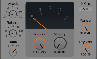 3 Attack/Release: Stellen Sie den Dry/Wet-Regler auf Wet, um nur das komprimierte Signal zu hören. Im Falle von zwei Spuren schalten Sie die unkomprimierte Spur stumm. Stellen Sie den Kompressor auf extreme Werte. Neben einer hohen Ratio von 10:1 wählen Sie eine kurze Attack-Zeit, um die Auswirkungen der Kompression auf die Transienten zu hören. Die Release-Zeit stellen Sie auf einen niedrigen bis mittleren Wert.