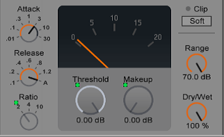 3 Bus-Kompressor: Zum Zusammenkleben empfiehlt sich ein Bus-Kompressor. Wie der Name schon vermuten lässt, ist The Glue quasi prädestiniert für den Job. Wählen Sie eine nicht zu kurze Attack-Zeit und eine lange Release-Zeit (oder automatische Anpassung), da der gesamte Track bearbeitet wird und der Kompressor daher nicht auf einzelne Pegelspitzen reagieren soll. Stellen Sie wenn möglich von Peak auf RMS um.