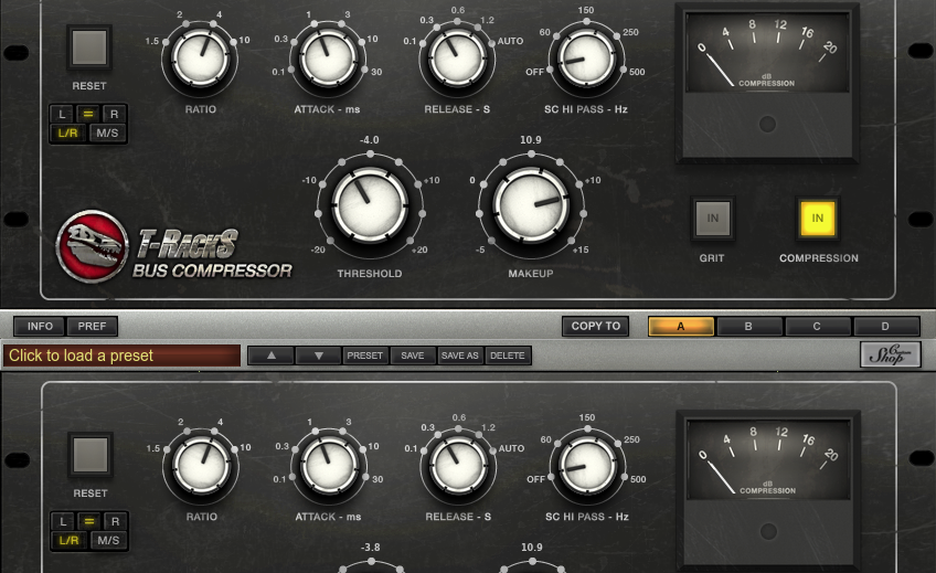 2 Dopplung: Führen Sie in Ihrer DAW mehrere Drums und den Bass zu einer Bus-/Gruppenspur und laden dort den T-Racks Bus Compressor. Mit RATIO 4:1, THRESHOLD -4 und MAKEUP +10 erreichen wir eine dezente Kompression, welche die Spuren verdichtet, aber nicht zerdrückt. Für mehr Druck laden Sie einen weiteren Bus Compressor mit identischen Settings. In den meisten Fällen hilft das mehr als extreme Einstellungen.