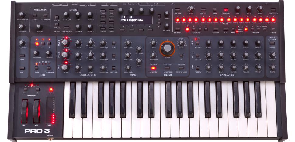 Während der Pro 2 vier Oszillatoren inklusive FM und duale
Filter besitzt, setzt der Pro 3 auf eine Kombination aus zwei
analogen und einem digitalen Oszillator sowie ein einfaches
Filter mit drei verschiedenen Klangcharakeristiken.