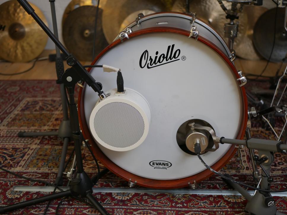 Das rechte Mikrofon ist das Haupt-Mikro, das weiße ein sogenanntes „Subkick“ für die ganz tiefen Frequenzen