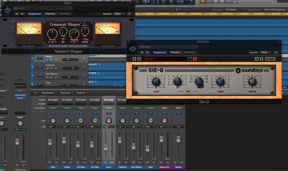 Der Transient Designer dient hier zur „Verbreiterung“ des Snaresounds, der EQ sorgt für ein bisschen mehr Kontur auf der Stereosumme.