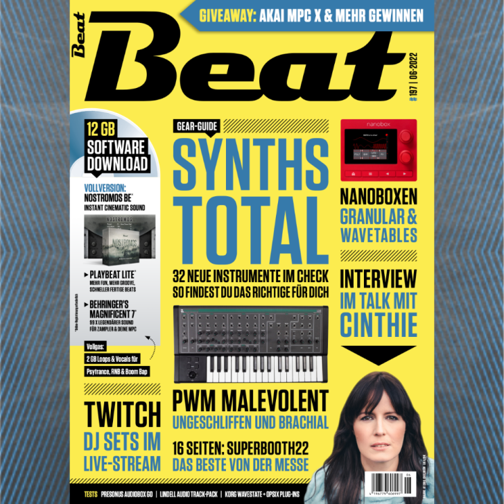 Jetzt in Beat 06/22: Synths Total - 32 neue Instrumente im Test + Superbooth22 Gewinnspiel mitt Preisen im Wert von 2.800 Euro + Behringers Glorreiche 7 für Zampler & MPC