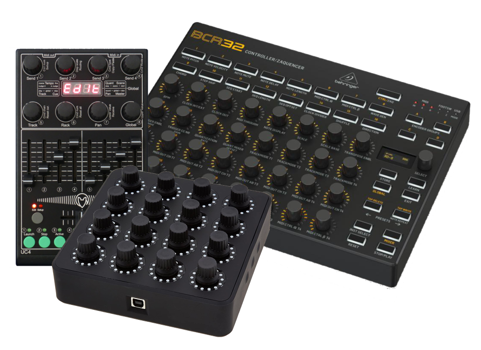 Um Apps die nötige Haptik zu verleihen, sind USB-MIDI-Controller eine super Wahl. Hier im Bild: Midi Fighter Twister, Faderfox UC4 und der kommende Behringer BCR32.