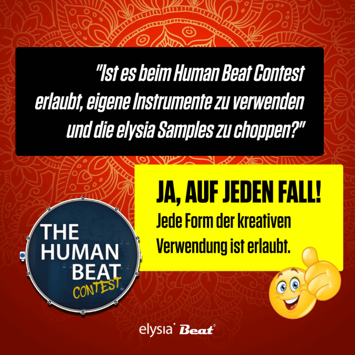 Zum Human Beat Contest sind Fragen aufgetaucht, daher hier gleich mal eine Antwort auf die wichtigste: Jede Art der Verfremdung und kreativen Verwendung ist erlaubt. Hauptsache, die Originalsamples lassen sich später in irgendeiner Weise nachvollziehen.