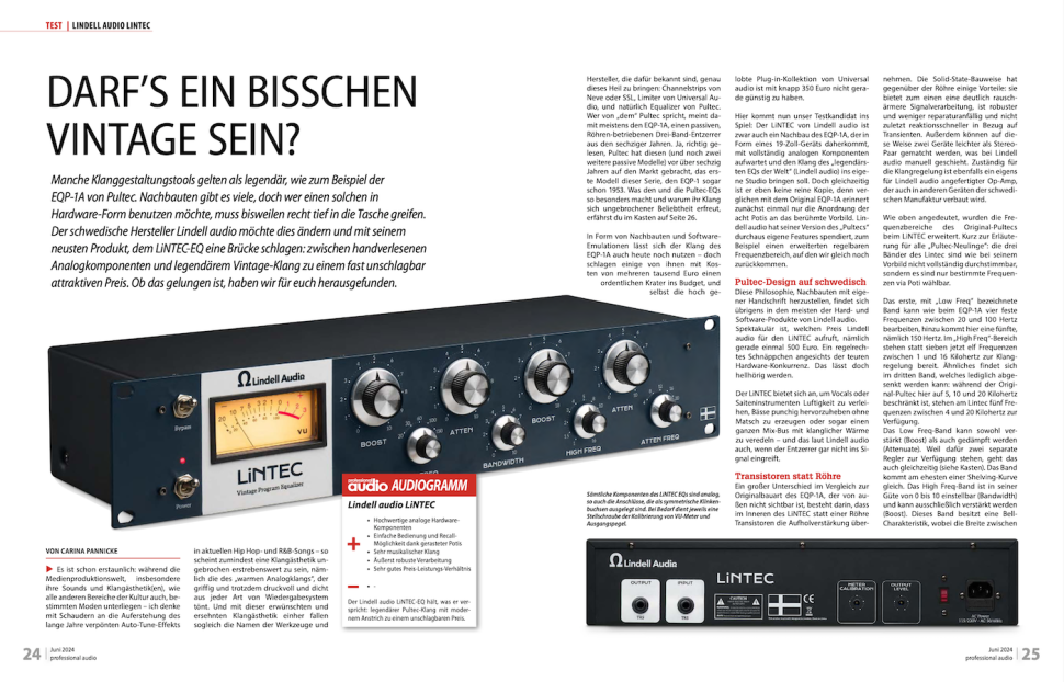 Manche Klanggestaltungstools gelten als legendär, wie zum Beispiel der
EQP-1A von Pultec. Nachbauten gibt es viele, doch wer einen solchen in Hardware-Form benutzen möchte, muss bisweilen recht tief in die Tasche greifen. Der schwedische Hersteller Lindell audio möchte dies ändern und mit seinem neusten Produkt, dem LiNTEC-EQ eine Brücke schlagen: zwischen handverlesenen Analogkomponenten und legendärem Vintage-Klang zu einem fast unschlagbar attraktiven Preis. Ob das gelungen ist, haben wir für euch herausgefunden.