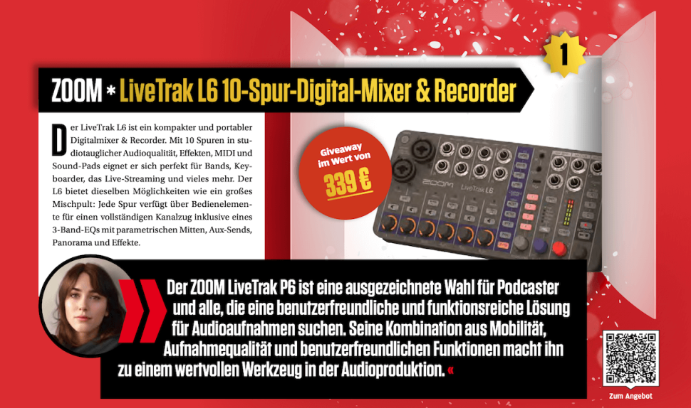 Der LiveTrak L6 ist ein kompakter und portabler Digitalmixer & Recorder. Mit 10 Spuren in studiotauglicher Audioqualität, Effekten, MIDI und Sound-Pads eignet er sich perfekt für Bands, Keyboarder, das Live-Streaming und vieles mehr. Der L6 bietet dieselben Möglichkeiten wie ein großes Mischpult: Jede Spur verfügt über Bedienelemente für einen vollständigen Kanalzug inklusive eines 3-Band-EQs mit parametrischen Mitten, Aux-Sends, Panorama und Effekte.