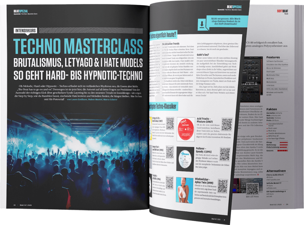 Ohne Umschweife startet der klassische Techno-Track mit Kick, Open Hi-Hat und Clap, um dem DJ das Leben einfacher zu machen. Der komplette Beat wird einer Bus-Spur (hier: PRESSE) zugeführt. Deren Hochpassfilter wird per Automation in den ersten acht Takten auf rund 200 Hz eingestellt, für die folgenden acht Takte auf 45 Hz.