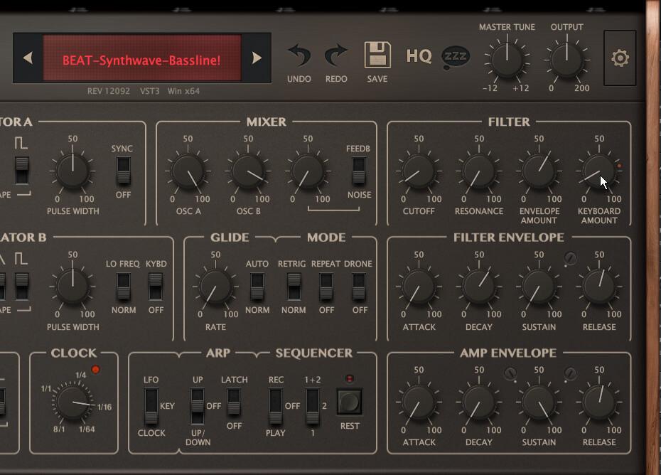2 Bass als Basis: Wähle für beide Oszillatoren die Rechteckwellenform an und aktiviere bei dem zweiten die Dreieckswelle. Stimme den zweiten Oszillator dann eine Oktave tiefer und justiere die Mixer-Pegel wie auf dem Bild. Für den gewünschten schnappenden Sound reduzieren wir Cutoff auf 8.00. Erhöhe den Envelope Amount auf 60.00 und Keyboard Amount auf 10.0.