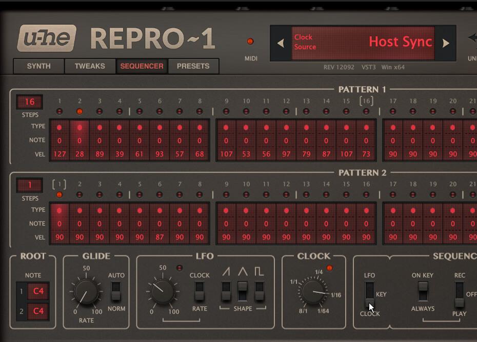 3 Klangverlauf: Passe nun die Filter und die Amp Envelope wie gezeigt an. Repro-1 soll direkt eine pulsierende Sequenz liefern. Aktiviere dazu den Sequenzer des Synths, indem du den Schalter auf Play schiebst. Stelle außerdem Clock auf 1/16, aktiviere den Clock-Modus und setze Steps auf 16. Für etwas Abwechslung kannst du nun verschiedene Velocity-Werte einstellen.