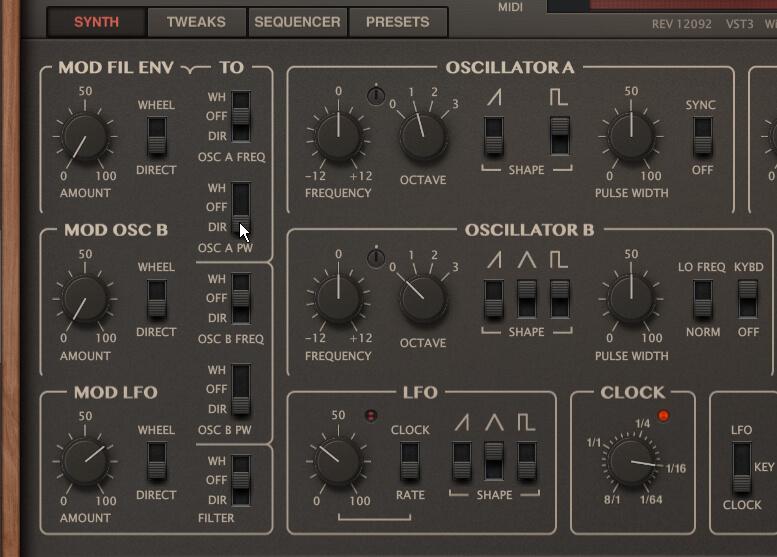 5 Breite durch PWM: Drehe dazu in der Mod-LFO-Sektion den Amount-Regler auf 67.00 und stelle den Schalter Osc A PW und Osc B PW jeweils auf Dir. Damit wirkt der LFO ohne Umweg über das Modulationsrad auf die Pulsweiten der Oszillatoren. Eine LFO-Rate von 33.00 liefert hier gute Resultate. Auf der Tweaks-Seite kannst du anschließend noch etwas Fine-Tuning vornehmen.