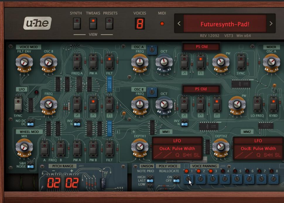 2 Mehr Fülle: Wenn du jetzt die Pulsweiten der Oszillatoren langsam mit dem LFO modulierst, geht die Neonsonne auf! Nimm dazu die abgebildeten Zuweisungen in der Matrix vor und stelle die LFO-Rate auf den Wert 67.00. Für noch etwas mehr Fülle sorgst du auf der Tweaks-Seite, indem du die einzelnen Stimmen mittels Voice Panning leicht gegenläufig verstimmst.