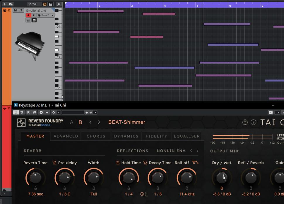 1 Schimmernder Hall: Dank der integrierten Chorus-Shimmer-Effekte eignet sich Tai Chi hervorragend, um Pianoklänge in schimmernde Texturen für Ambient und Co. zu verwandeln. Spiele eine nicht zu komplexe Pianosequenz ein oder nutze einfach die Audiodatei „Emotional Piano“ aus den Heft-Daten. Das Preset Golden Room ist ein guter Start. Stelle Dry / Wet mittig ein.