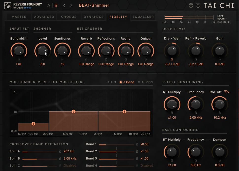 2 Reverb im Takt: In der Master-Sektion sorgt eine Reverb Time von 7.36 sec für einen dichten, langen Hall. Durch ein Pre-delay von 1/8 D setzt der Halleffekt nach einer punktierten Achtelnote ein. Wähle für die Reflections den Modus Nonlin. Env, mit den gezeigten Einstellungen. Wechsle danach zu der Fidelity-Seite und stelle in der Shimmer-Sektion Level auf 8.0.