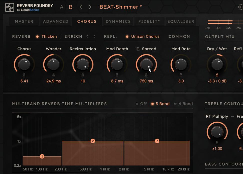 3 Klang in Bewegung: Dadurch erhält das Piano einen schimmernden, um eine Oktav nach oben transponierten Nachhall. Die schwebende Qualität des Halls kannst du mit den beiden Chorus-Effekten unterstreichen, die wir wie auf dem Bild anpassen. Justiere dann die Advanced- und Equaliser-Parameter, sowie die Multiband Reverb Time Multiplier nach Belieben.