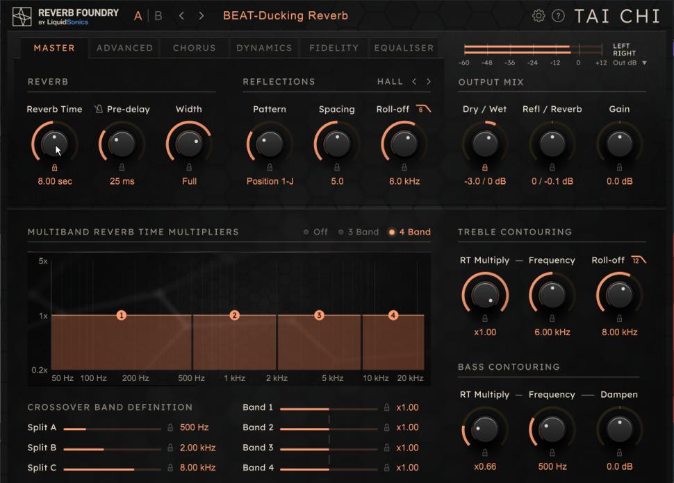 5 Ducking: Lade eine Gesangsaufnahme oder einen Vocal-Loop deiner Wahl und aktiviere Tai Chi als Insert-Effekt mit dem Preset Golden Room. Wähle dann den Reflections-Modus Hall, erhöhe Reverb Time auf 8.00 sec und stelle Dry / Wet mittig ein. In der Dynamics-Sektion wählst du Reverb als Ziel und aktivierst den Duck-Modus – damit wird nur die Hallfahne beeinflusst.