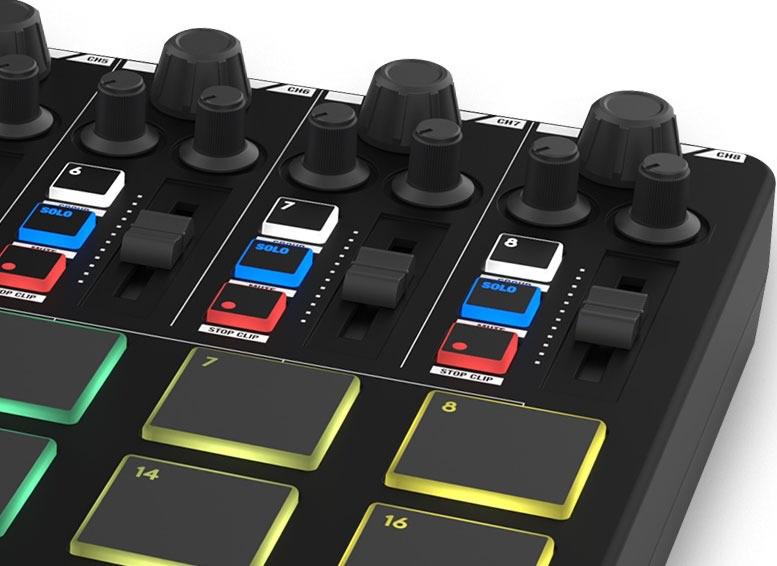 1 Mixer: Keypad wird von Bitwig direkt nach dem Start automatisch erkannt und passend eingerichtet. Dann kannst du mit dem oberen Bereich des Controllers alle Parameter des Mixers wie ­Lautstärke, Panning und Sends der ausgewählten 8 Spuren steuern und einzelne Tracks auswählen, Solo oder Stumm schalten und die ­Aufnahmebereitschaft aktivieren.
