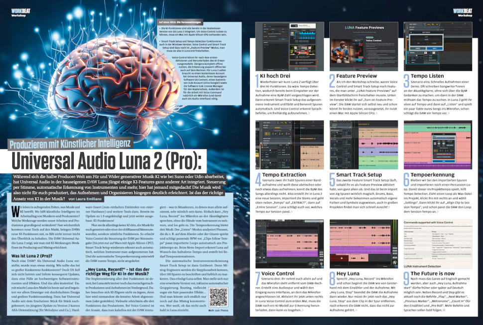Während sich die halbe Producer-Welt am Für und Wider generativer Musik-KI wie bei Suno oder Udio abarbeitet, hat Universal Audio in der hauseigenen DAW Luna jüngst einige KI-Features ganz anderer Art integriert. Steuerung per Stimme, automatische Erkennung von Instrumenten und mehr, hier hat jemand mitgedacht!