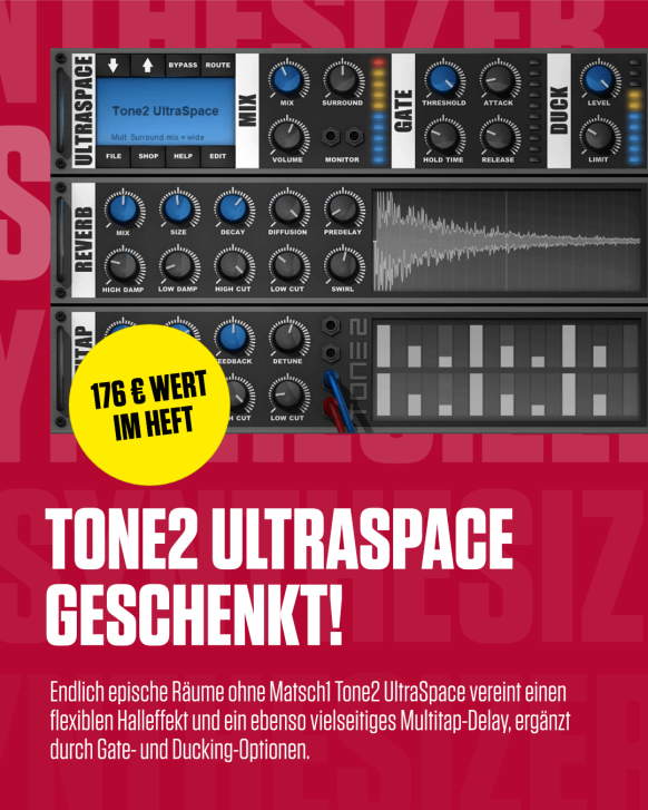 Vielseitige Hall- und Delayeffekte sind nicht nur beim Mixdown und Mastering unverzichtbar, sondern auch beim Sounddesign. Mit unserer Vollversion Ultraspace von Tone2 bekommst du das Profi-Werkzeug direkt an die Hand. Außerdem haben wir das Bitwig 5.3 Studio 8-Track als komplette DAW für dich. Zwei unverzichtbare Software-Highlight für deinen Produktionsstart 2026.