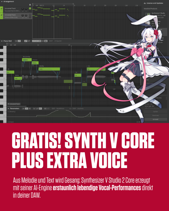 Erzeuge lebendige Vocal-Performances direkt in deiner DAW mit unserer Vollversion Synthesizer V Studio 2 Core von Dreamtonics – mit extra Voice nach Wahl!