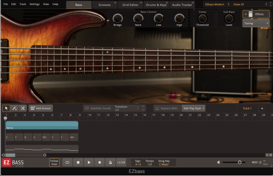 EZBass ist ein
Meister seines
Fachs und die
erste umfassende
Player-Lösung
zum Erstellen von
authentischen
E-Bass-Spuren
in traditionellen
Musikstilen
überhaupt. Toontrack